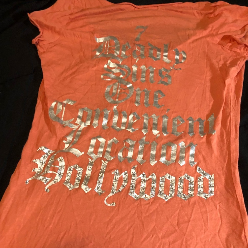 Troy orange tee shirt with print & gems on it
